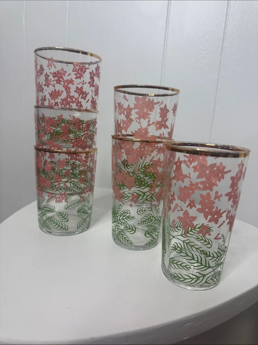 Vintage mid century drinking glasses pink floral